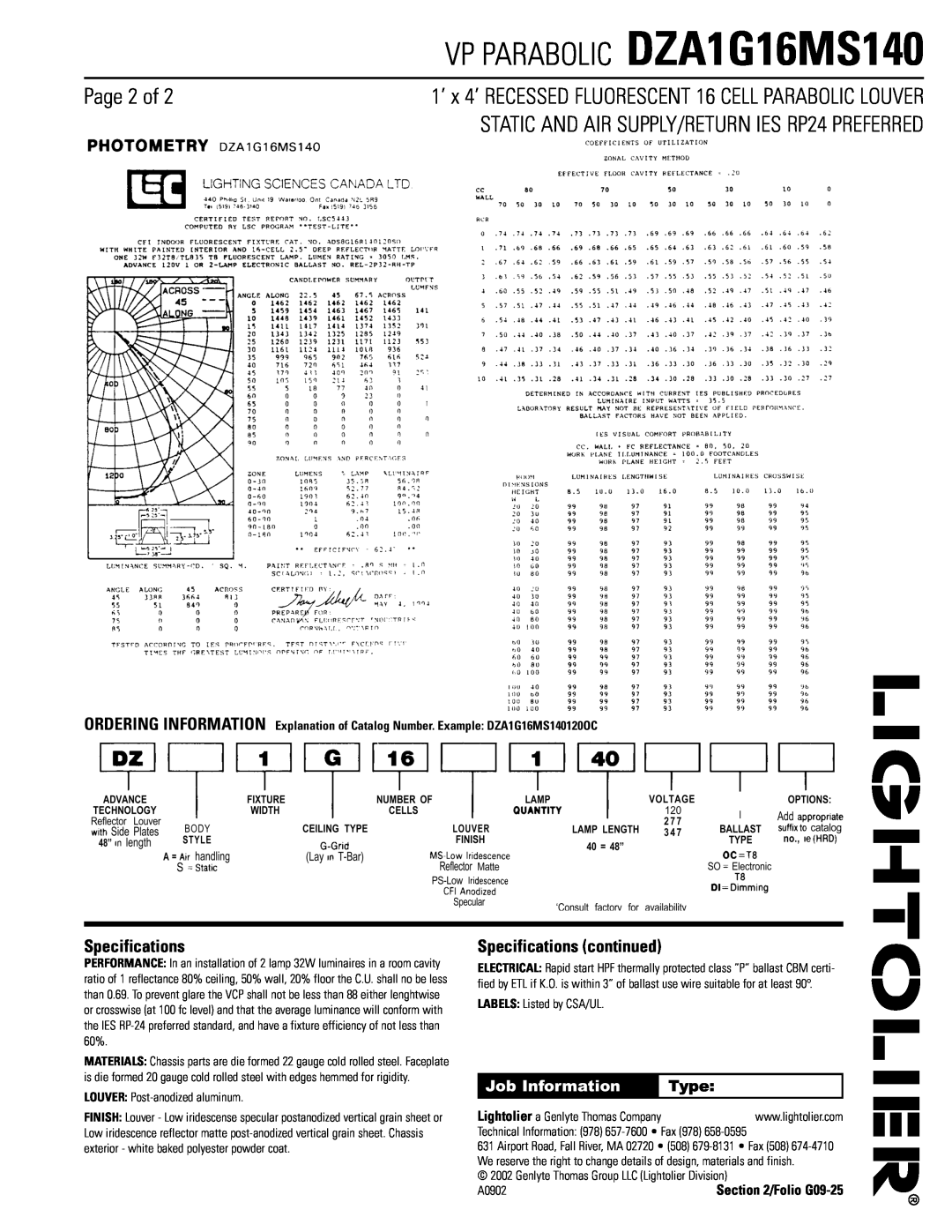 Lightolier manual Page 2 of, Specifications continued, VP PARABOLIC DZA1G16MS140, Job Information, Type 
