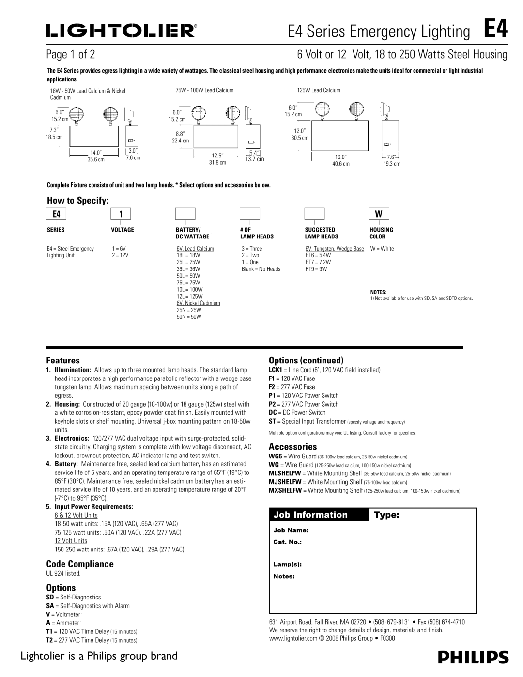 Lightolier E4 Series manual Features, Code Compliance, Options, Accessories 