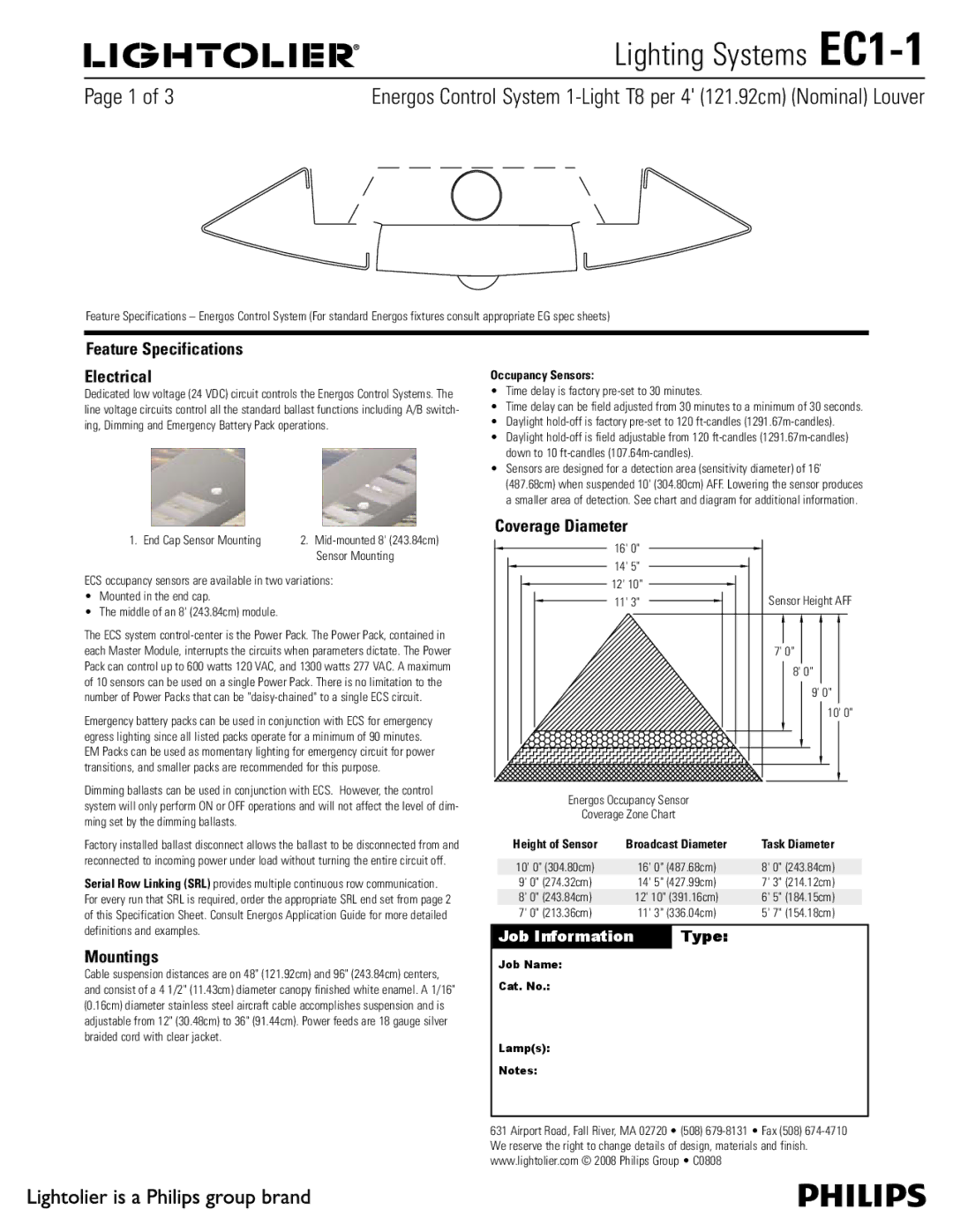 Lightolier EC1-1 specifications Feature Specifications Electrical, Coverage Diameter, Mountings 