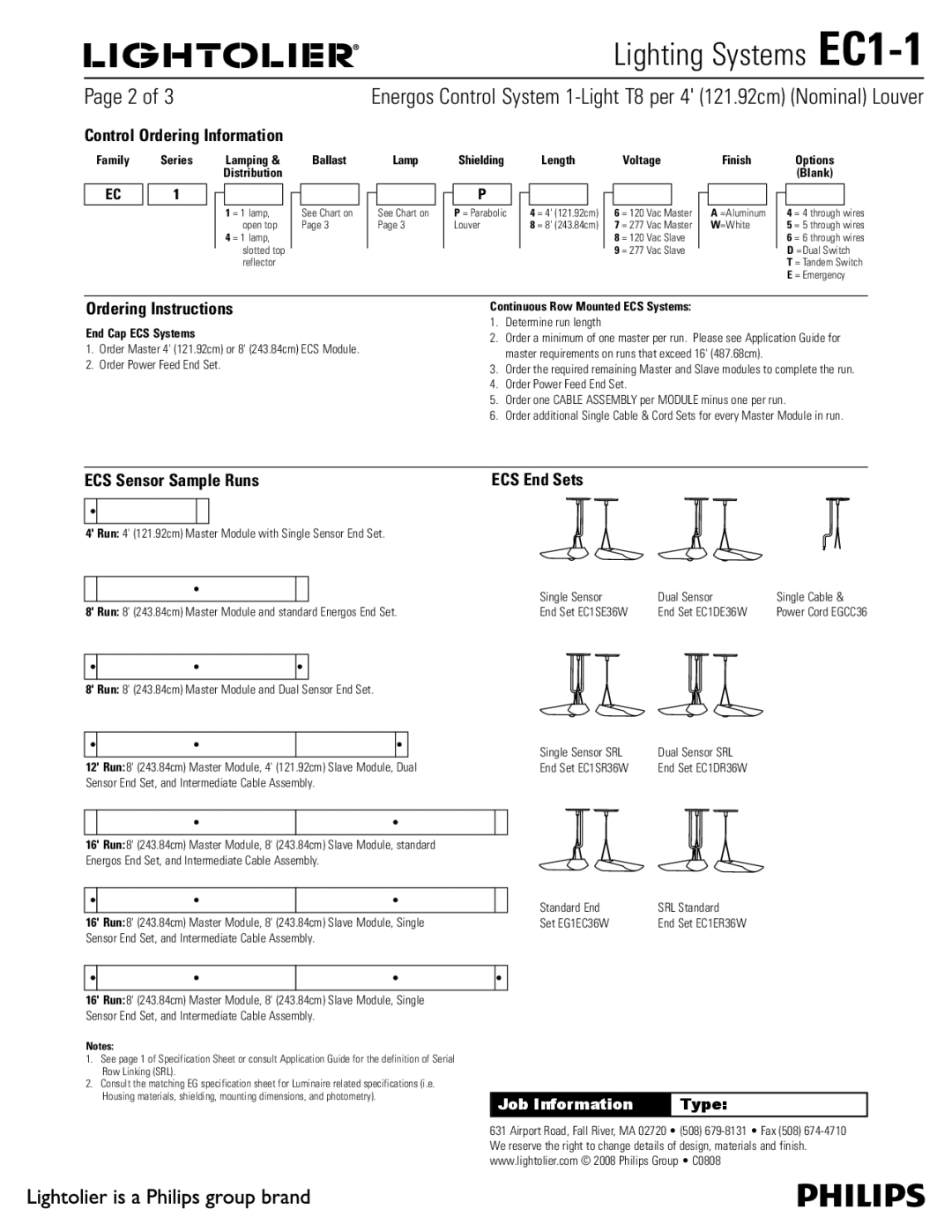 Lightolier EC1-1 specifications Control Ordering Information, Ordering Instructions, ECS Sensor Sample Runs, ECS End Sets 