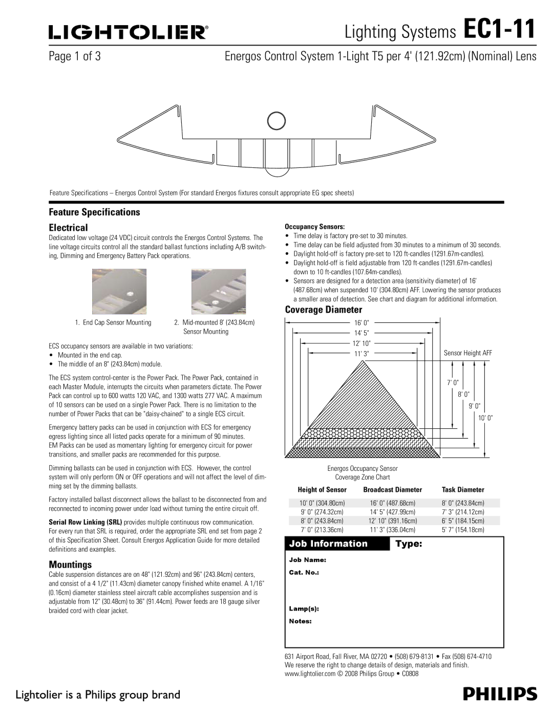 Lightolier EC1-11 specifications Feature Specifications Electrical, Coverage Diameter, Mountings 