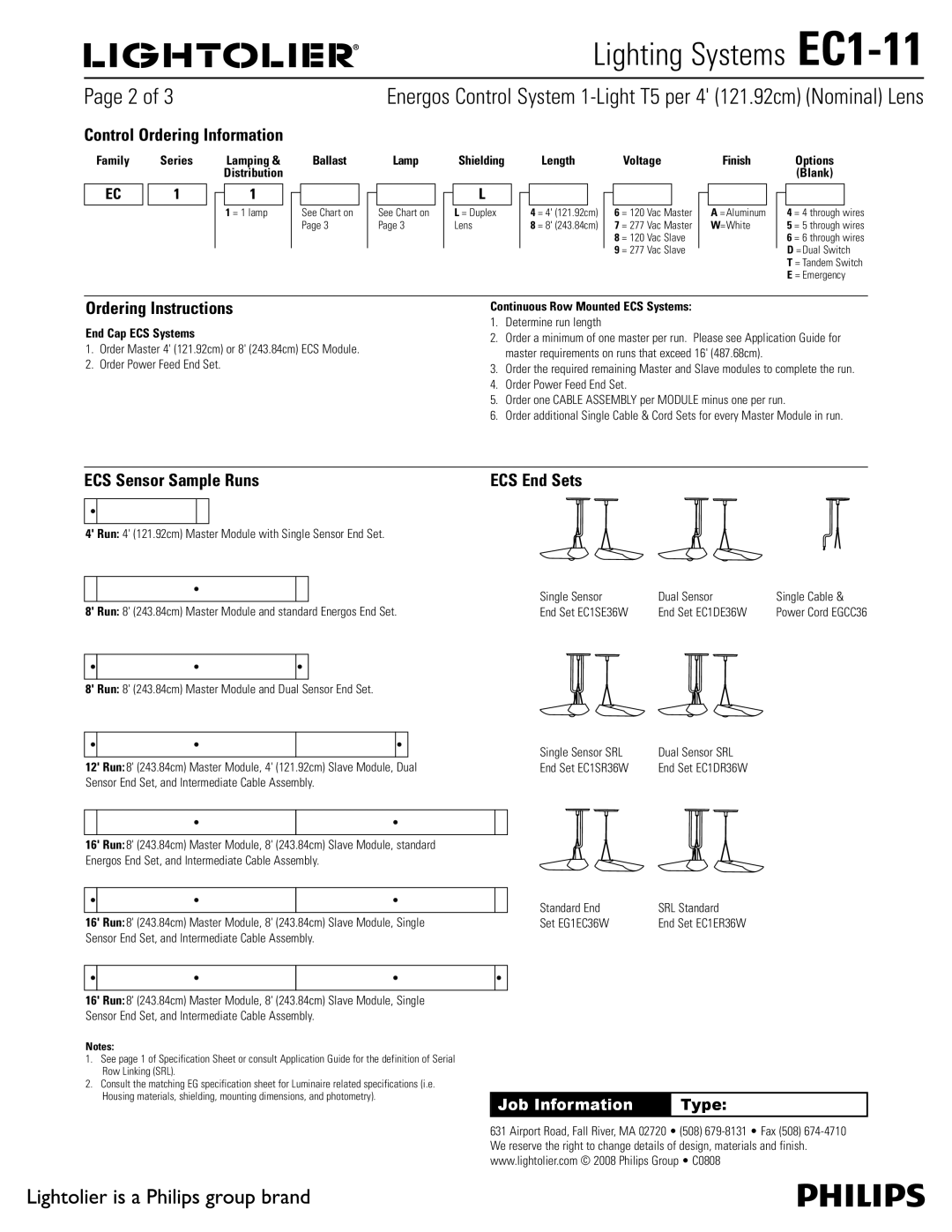 Lightolier EC1-11 specifications Control Ordering Information, Ordering Instructions, ECS Sensor Sample Runs 