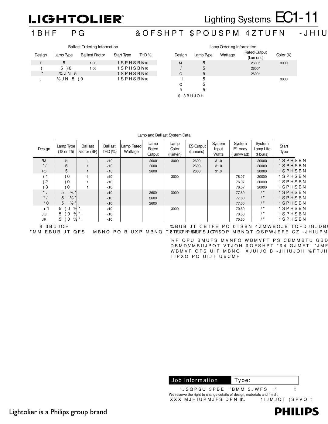 Lightolier EC1-11 specifications Lamp Ordering Information, Lamp and Ballast System Data, 25C Rating 