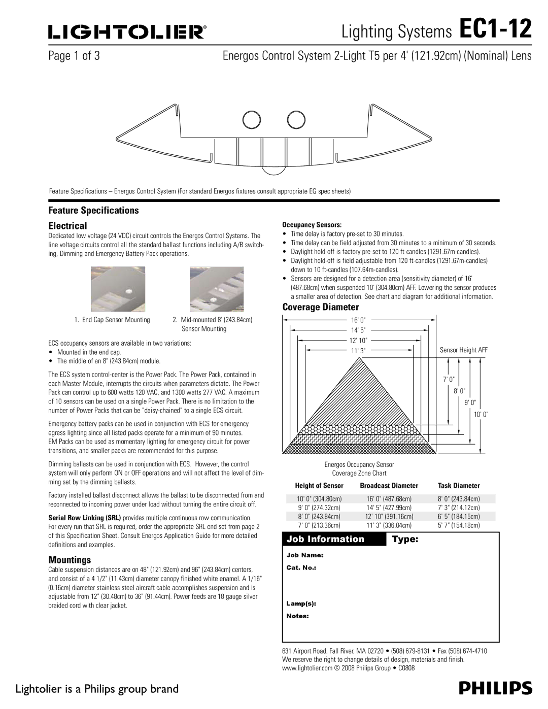 Lightolier EC1-12 specifications Feature Specifications Electrical, Coverage Diameter, Mountings 