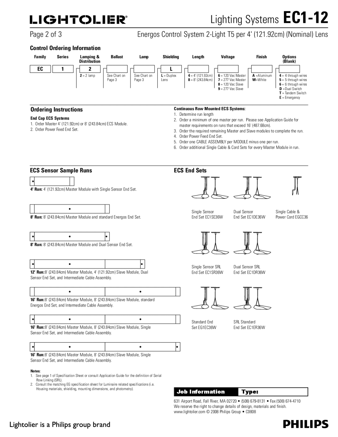 Lightolier EC1-12 specifications Control Ordering Information, Ordering Instructions, ECS Sensor Sample Runs 