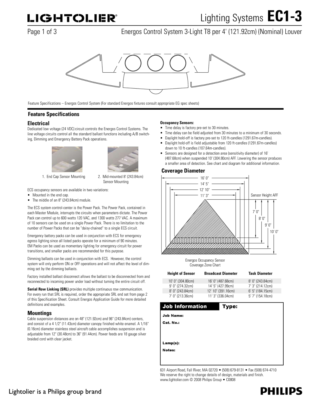 Lightolier EC1-3 specifications Feature Specifications Electrical, Coverage Diameter, Mountings, Occupancy Sensors 