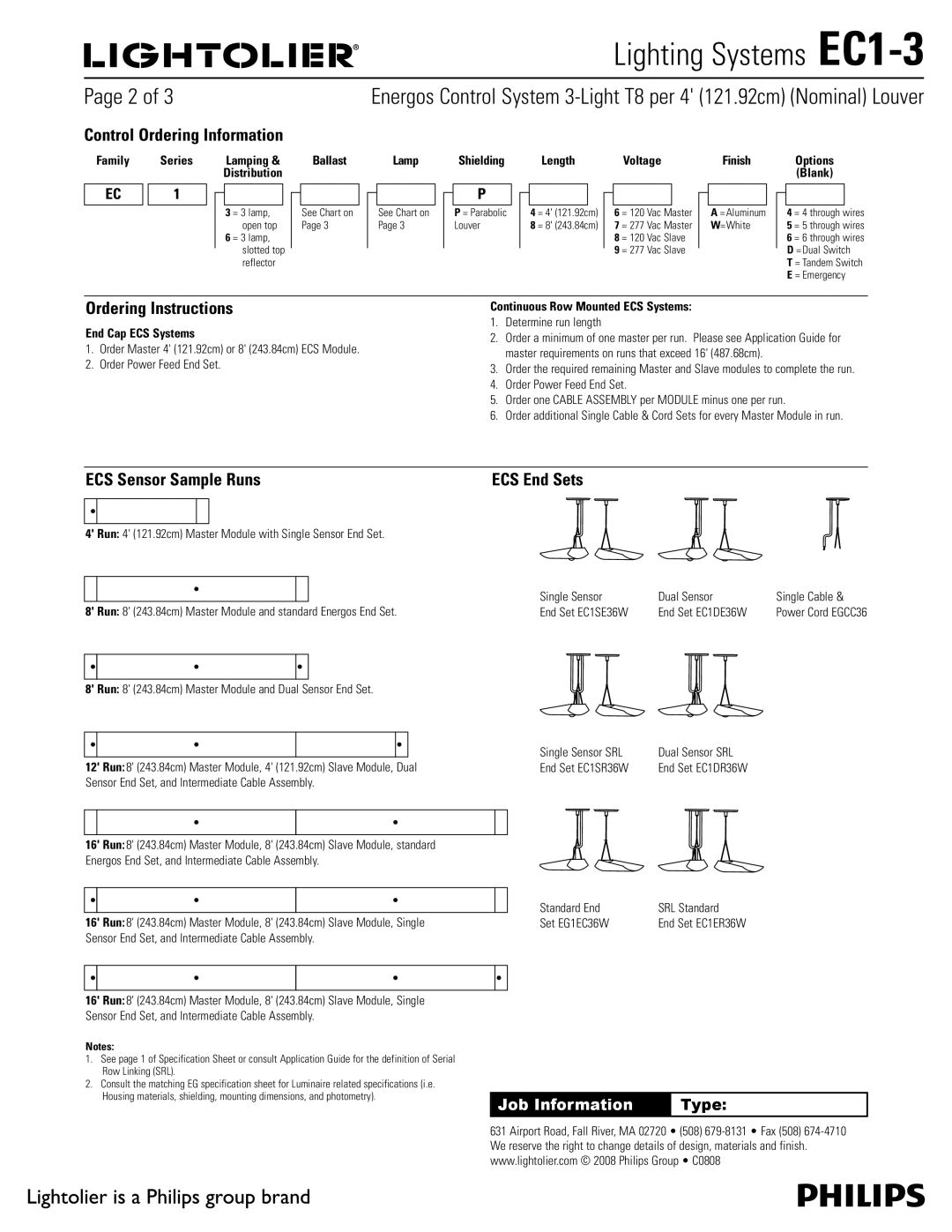 Lightolier EC1-3 specifications Control Ordering Information, Ordering Instructions, ECS Sensor Sample Runs ECS End Sets 