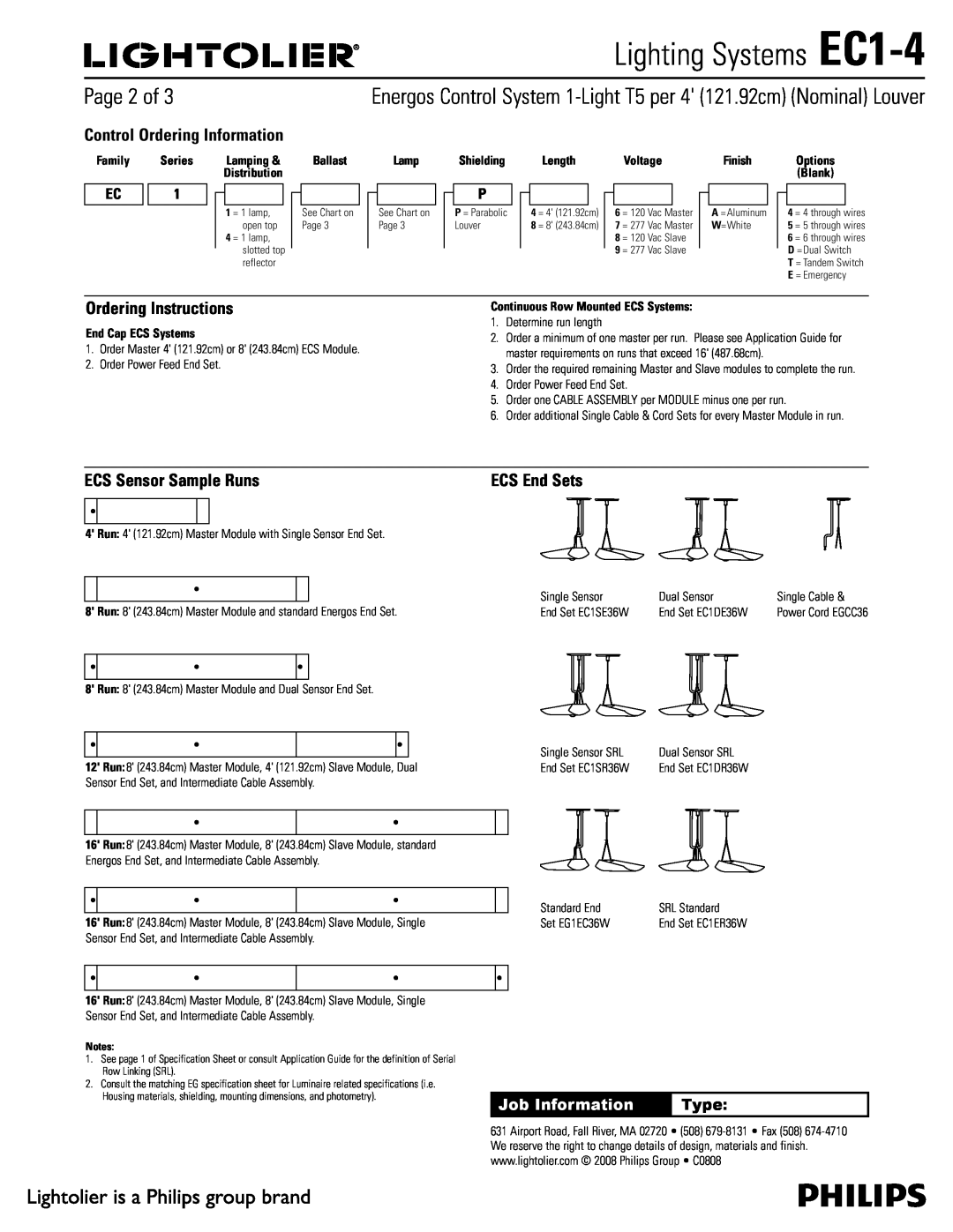 Lightolier EC1-4 Page 2 of, Control Ordering Information, Ordering Instructions, ECS Sensor Sample Runs, Type 