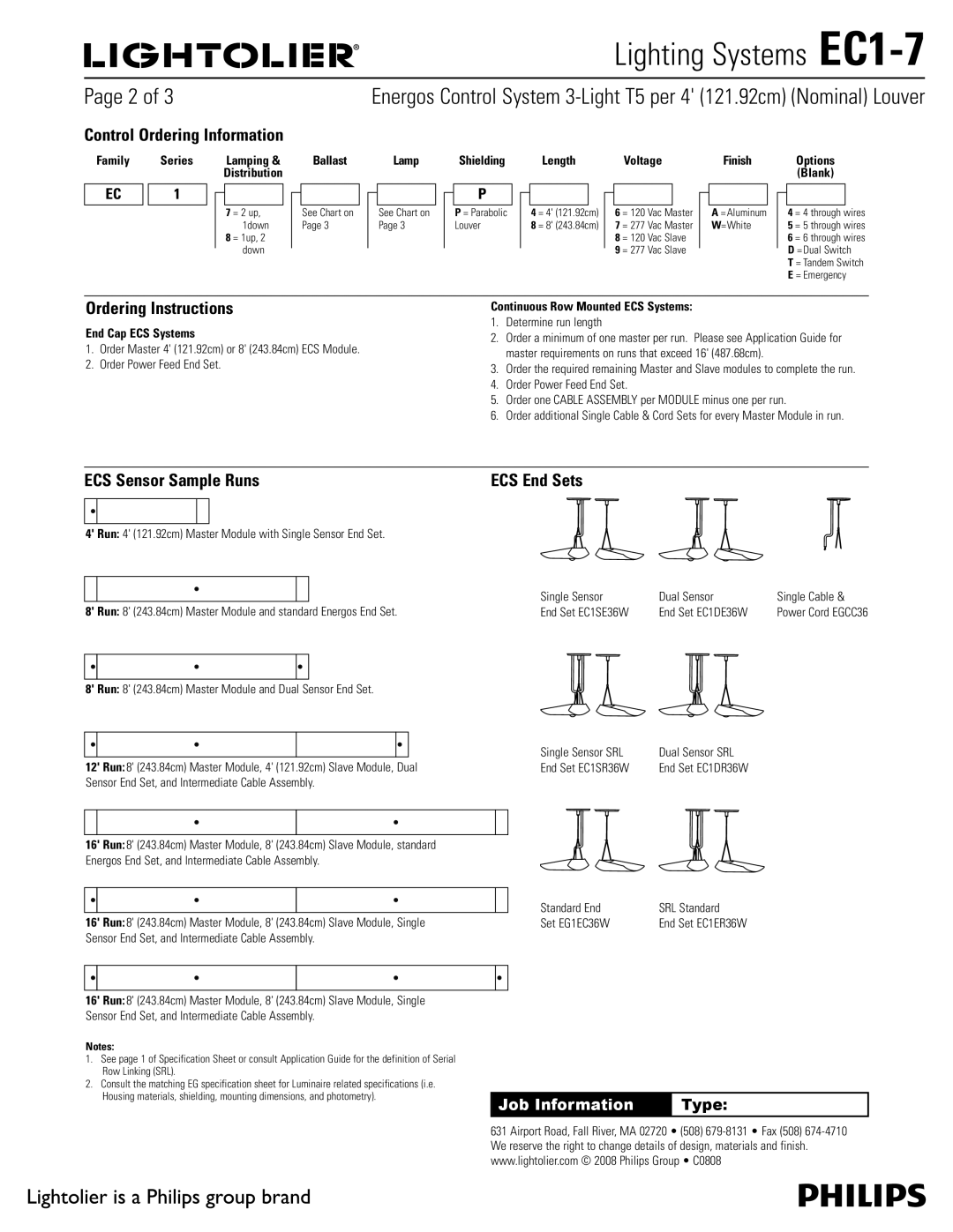 Lightolier EC1-7 specifications Control Ordering Information, Ordering Instructions, ECS Sensor Sample Runs 