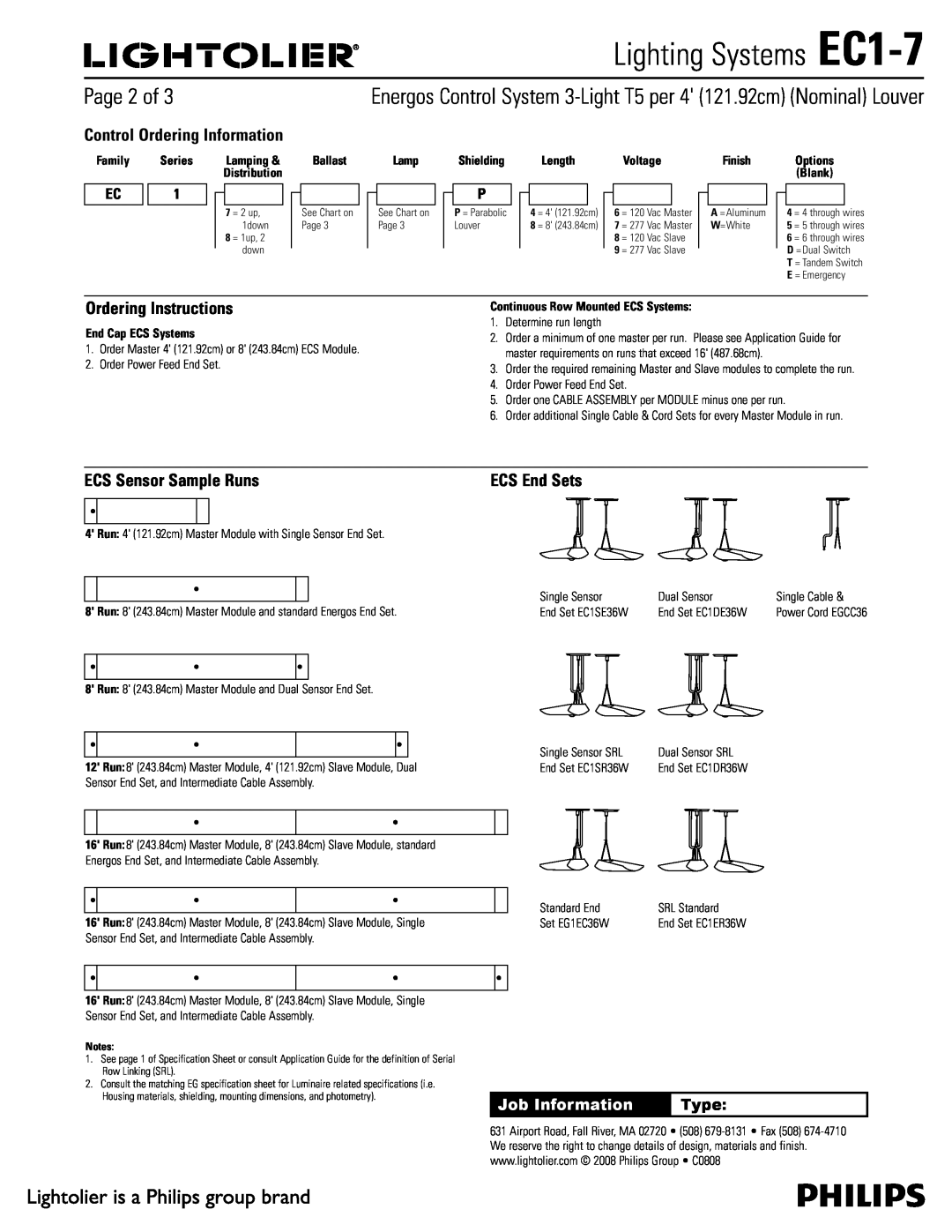 Lightolier EC1-7 Page 2 of, Control Ordering Information, Ordering Instructions, ECS Sensor Sample Runs, Type 