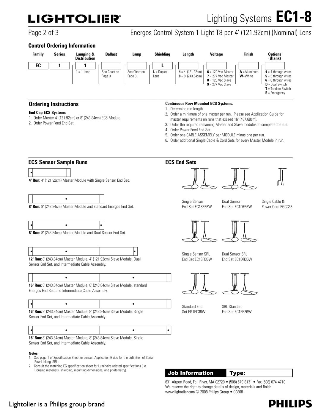 Lightolier EC1-8 specifications Control Ordering Information, Ordering Instructions, ECS Sensor Sample Runs 