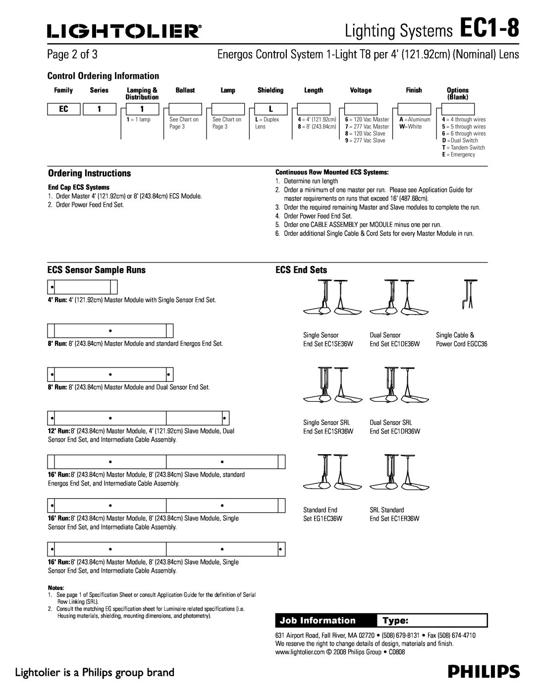 Lightolier EC1-8 Page 2 of, Control Ordering Information, Ordering Instructions, ECS Sensor Sample Runs, Type 