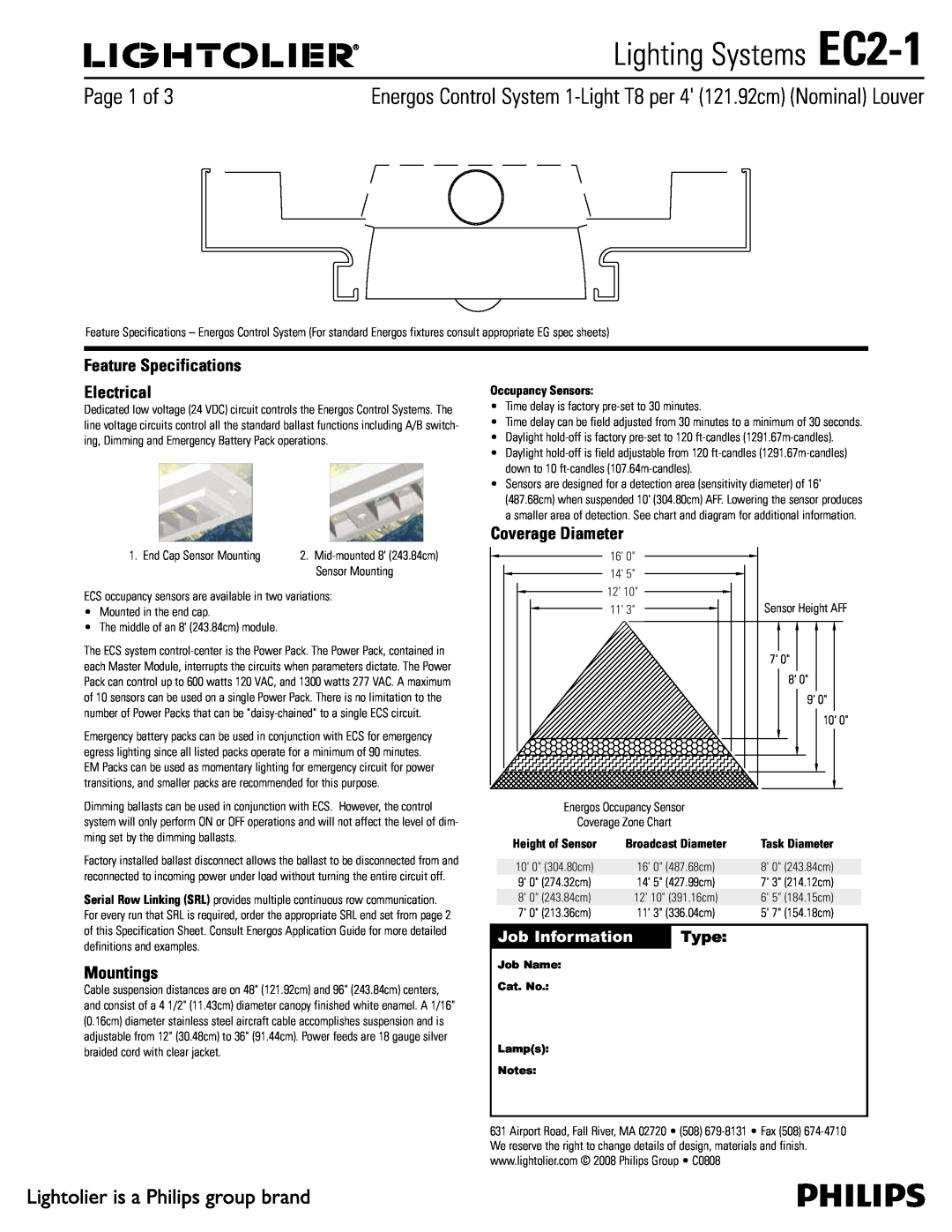 Lightolier specifications Lighting Systems EC2-1, Feature Specifications Electrical, Mountings, Coverage Diameter, Type 