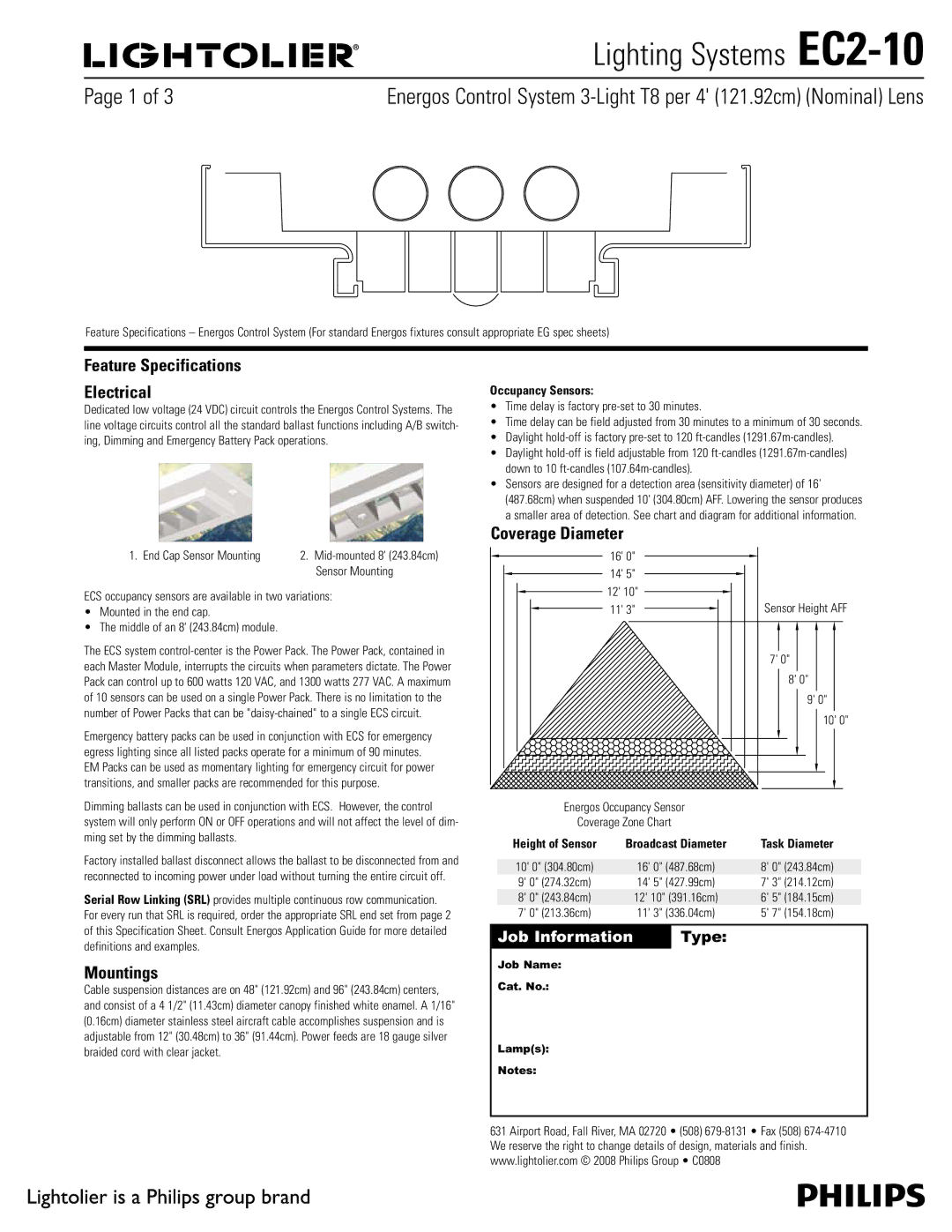 Lightolier EC2-10 specifications Feature Specifications Electrical, Mountings, Coverage Diameter, Occupancy Sensors 