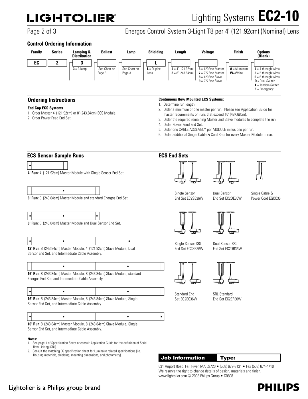 Lightolier EC2-10 specifications Ordering Instructions, ECS Sensor Sample Runs ECS End Sets 