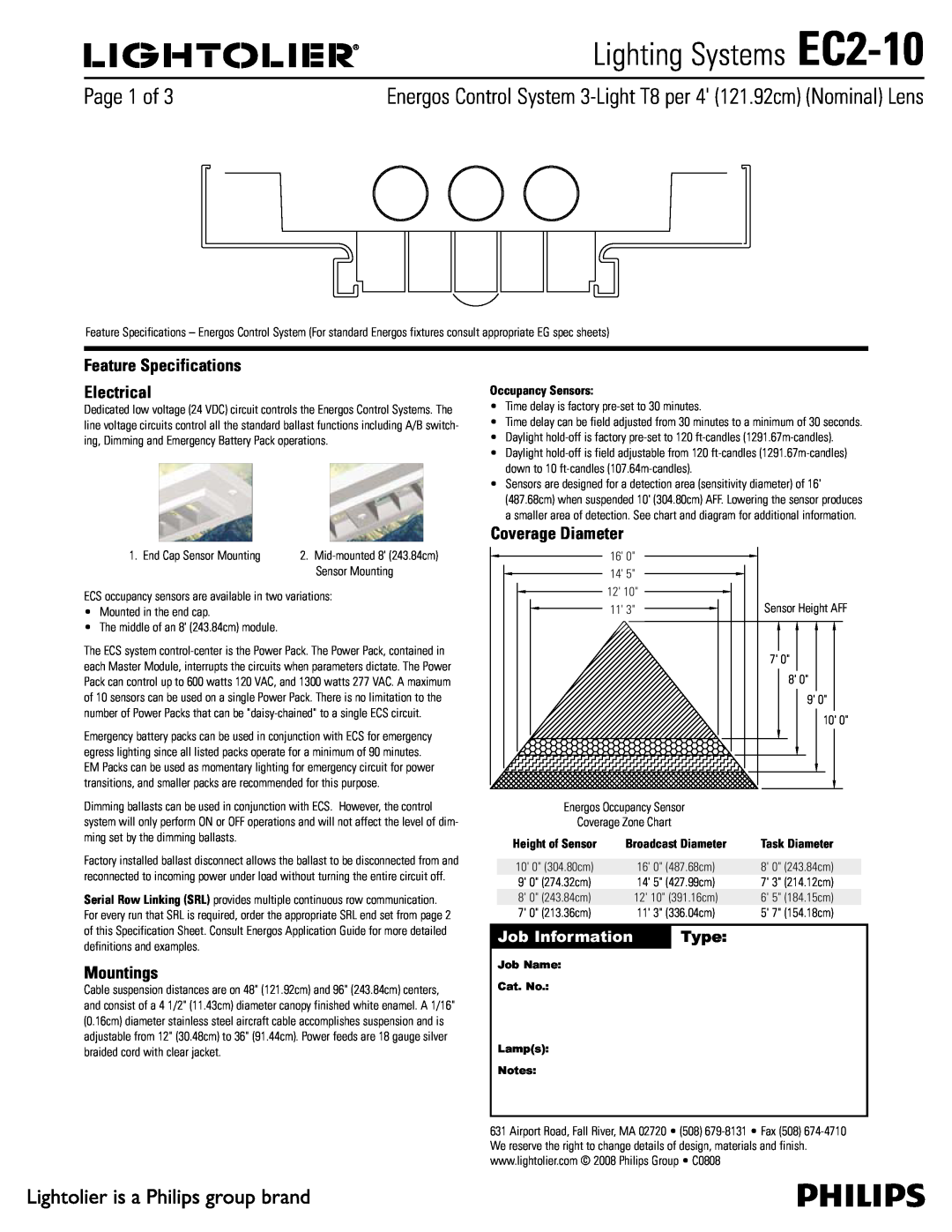 Lightolier specifications Lighting Systems EC2-10, Feature Specifications Electrical, Mountings, Coverage Diameter 