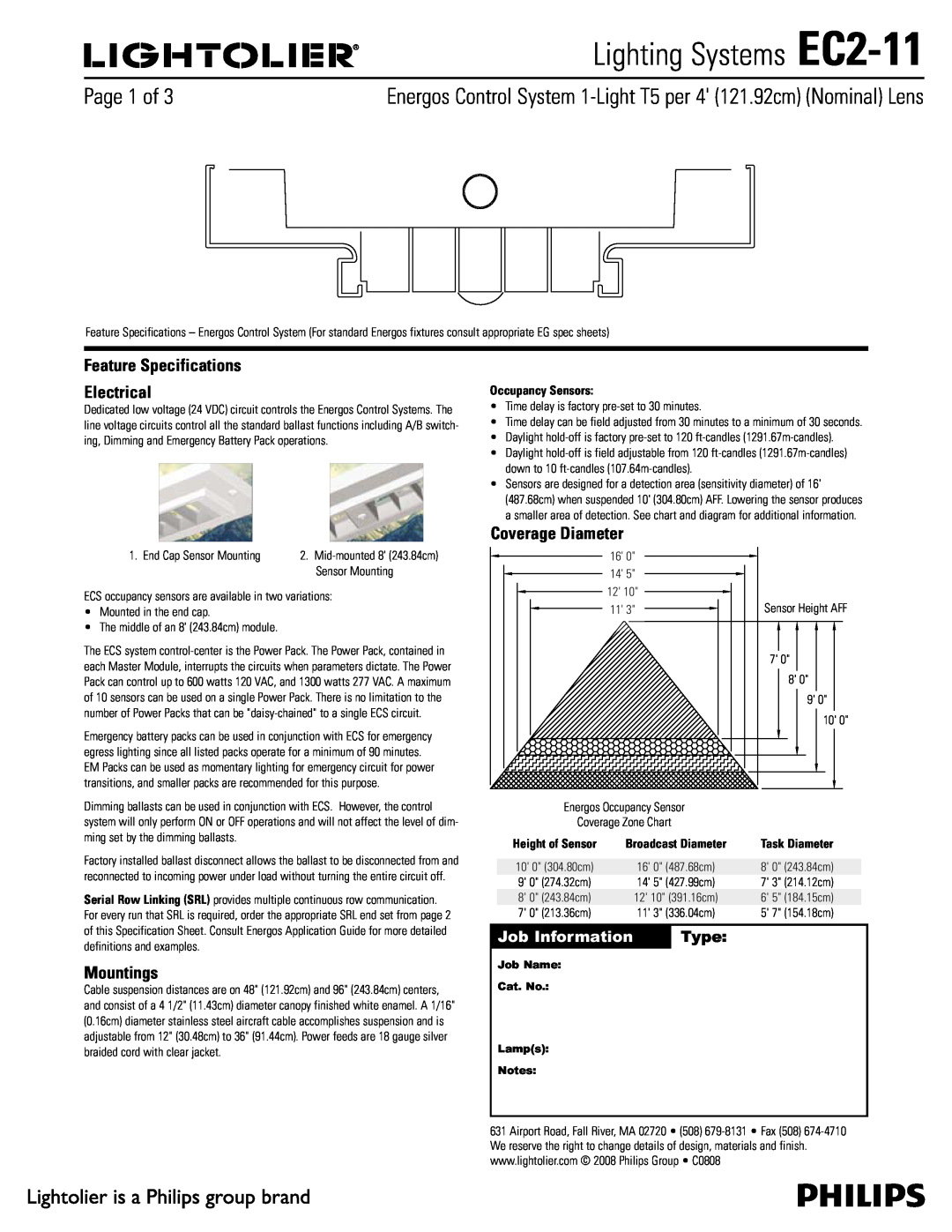Lightolier specifications Lighting Systems EC2-11, Feature Specifications Electrical, Mountings, Coverage Diameter 