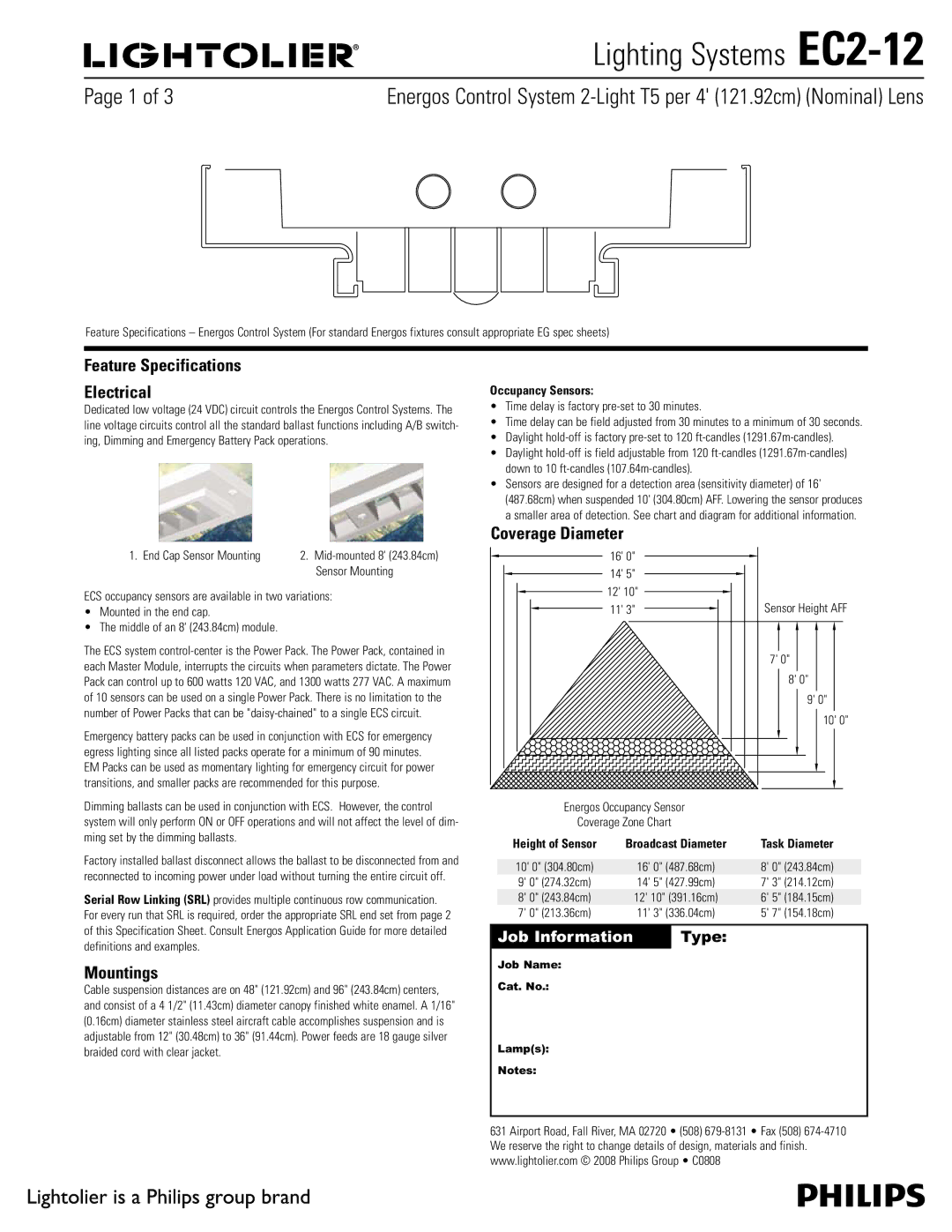 Lightolier EC2-12 specifications Feature Specifications Electrical, Mountings, Coverage Diameter, Occupancy Sensors 