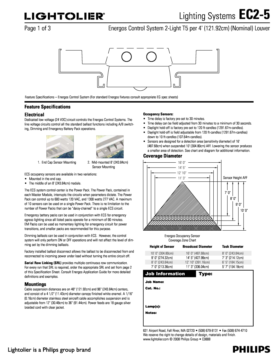 Lightolier specifications Lighting Systems EC2-5, Feature Specifications Electrical, Mountings, Coverage Diameter, Type 
