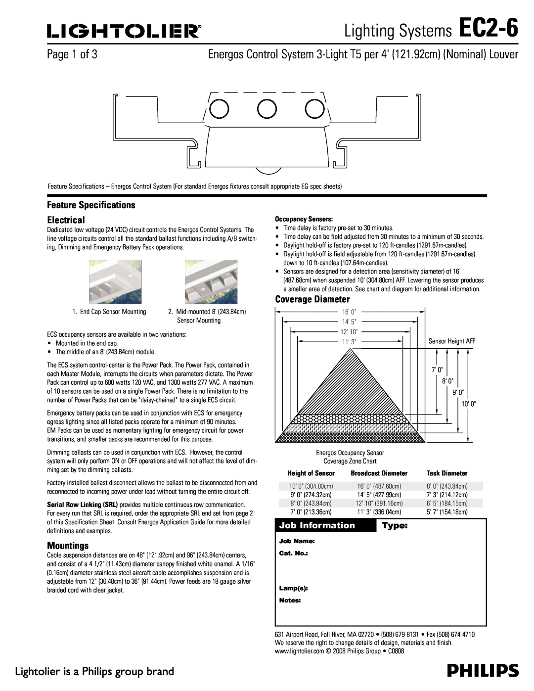 Lightolier specifications Lighting Systems EC2-6, Feature Specifications Electrical, Mountings, Coverage Diameter, Type 
