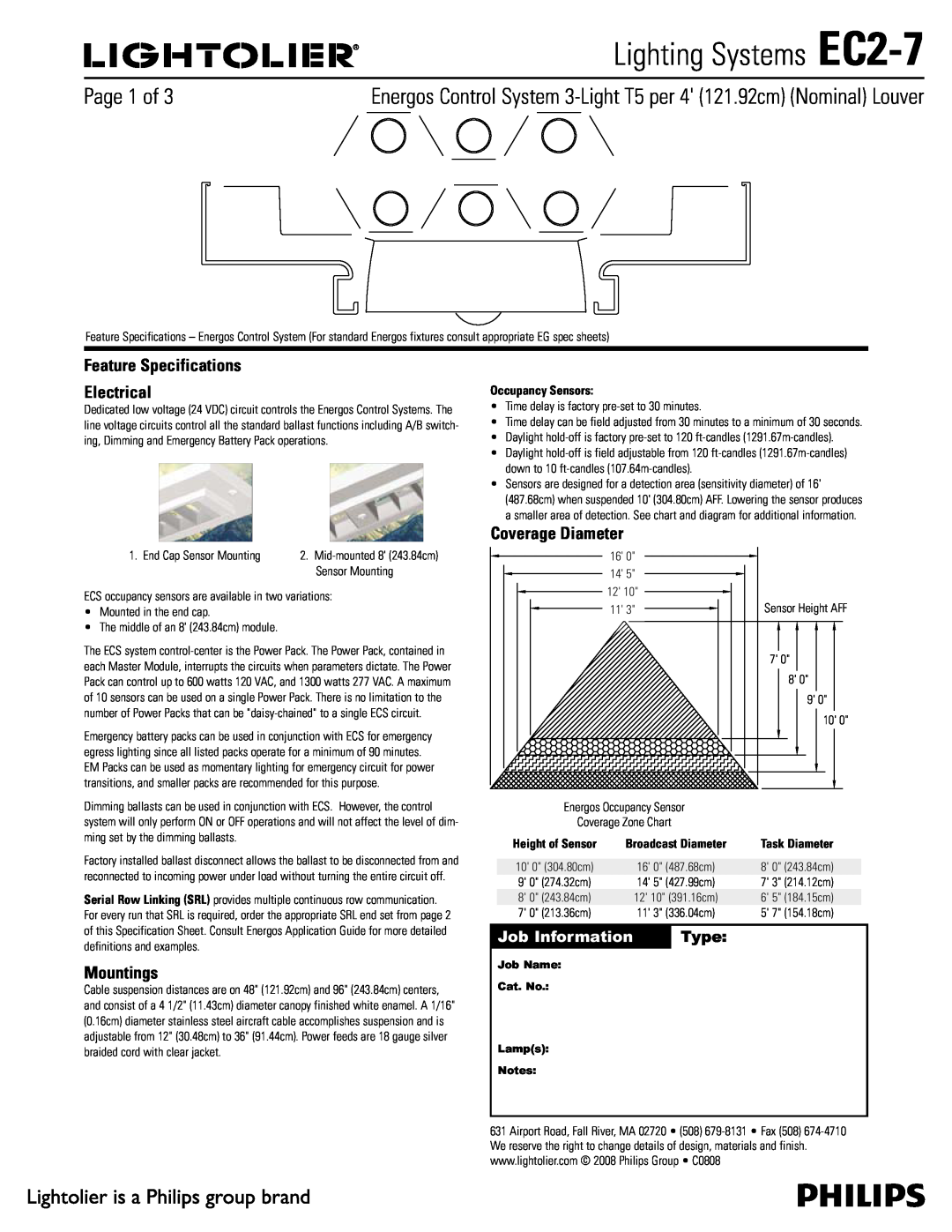 Lightolier specifications Lighting Systems EC2-7, Feature Specifications Electrical, Mountings, Coverage Diameter, Type 
