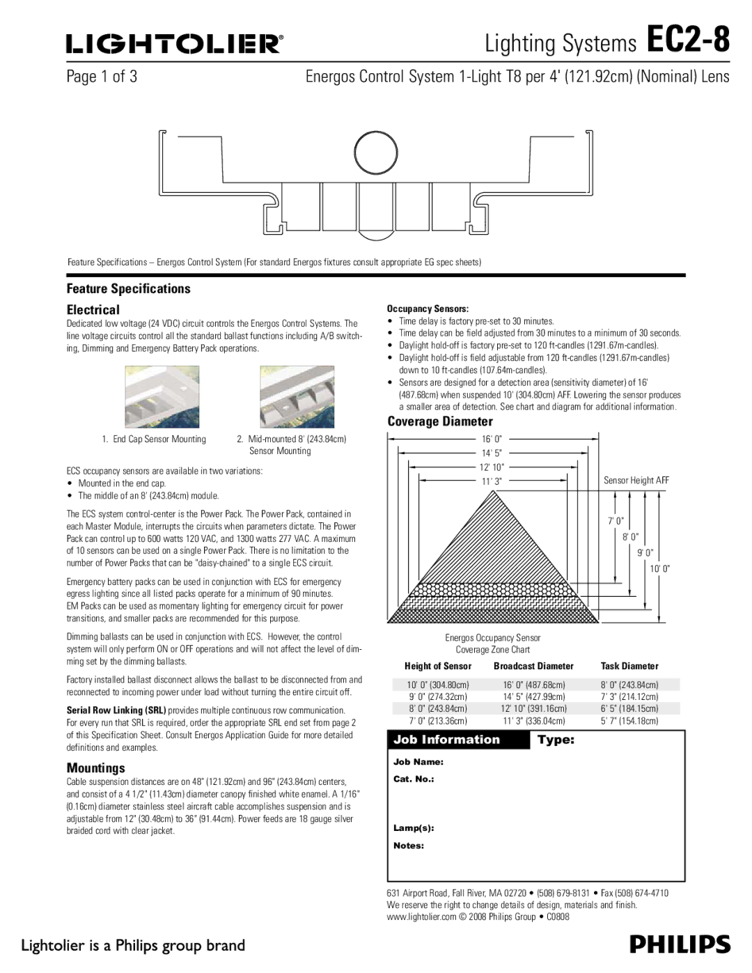 Lightolier EC2-8 specifications Feature Specifications Electrical, Mountings, Coverage Diameter, Occupancy Sensors 