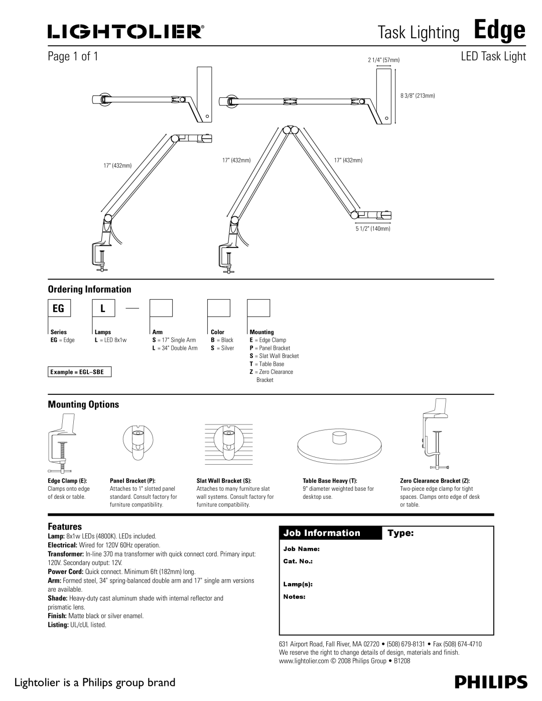 Lightolier manual Task Lighting Edge, Ordering Information, Mounting Options, Features 