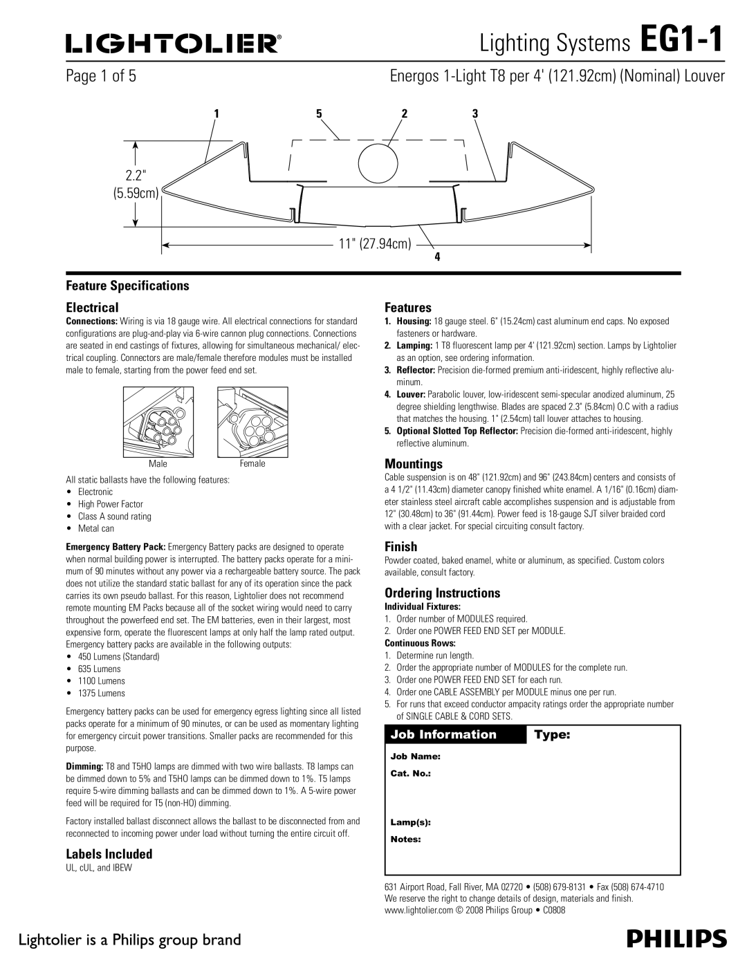 Lightolier EG1-1 specifications Feature Specifications Electrical, Labels Included, Features, Mountings, Finish 