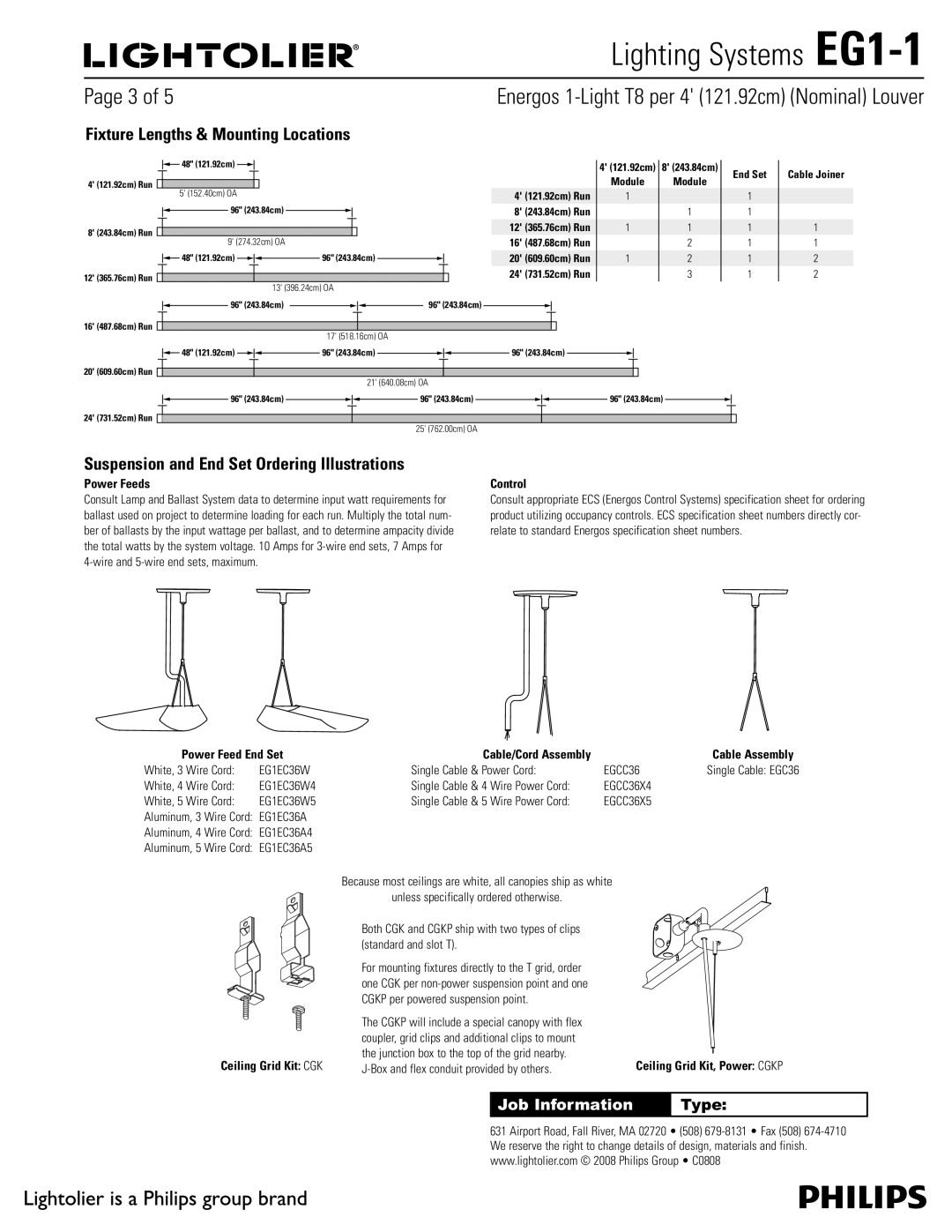 Lightolier EG1-1 Fixture Lengths & Mounting Locations, Suspension and End Set Ordering Illustrations, Power Feeds Control 