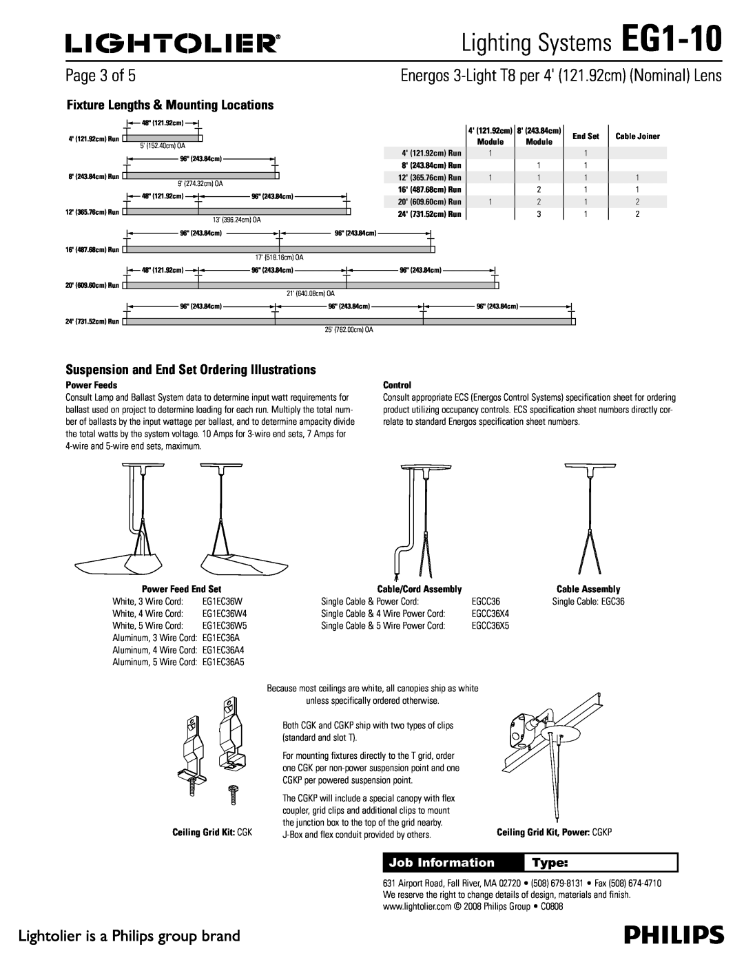 Lightolier 1BHFPG, Lighting Systems EG1-10, Job Information, Type, Ceiling Grid Kit $, 4 121.92cm Run, End Set 