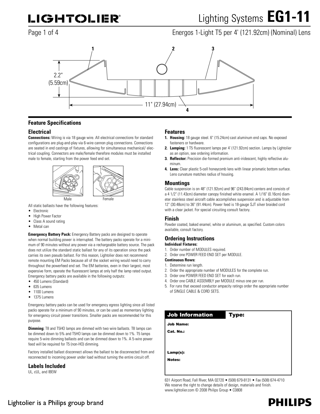 Lightolier EG1-11 specifications Feature Specifications Electrical, Labels Included, Features, Mountings, Finish 