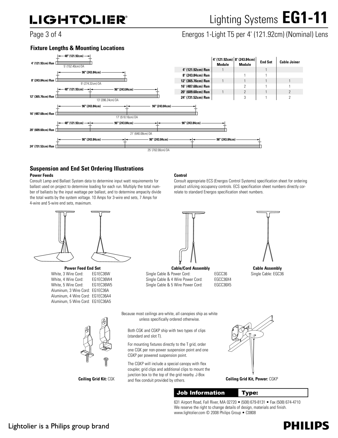 Lightolier EG1-11 Fixture Lengths & Mounting Locations, Suspension and End Set Ordering Illustrations, Power Feeds Control 