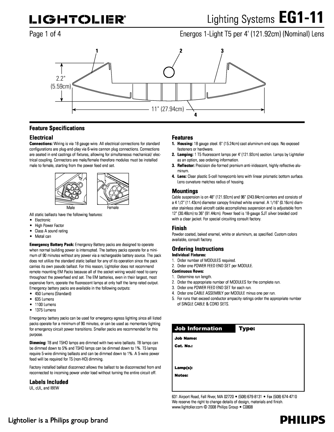 Lightolier specifications Lighting Systems EG1-11,  Dn  Dn, Job Information, Type 