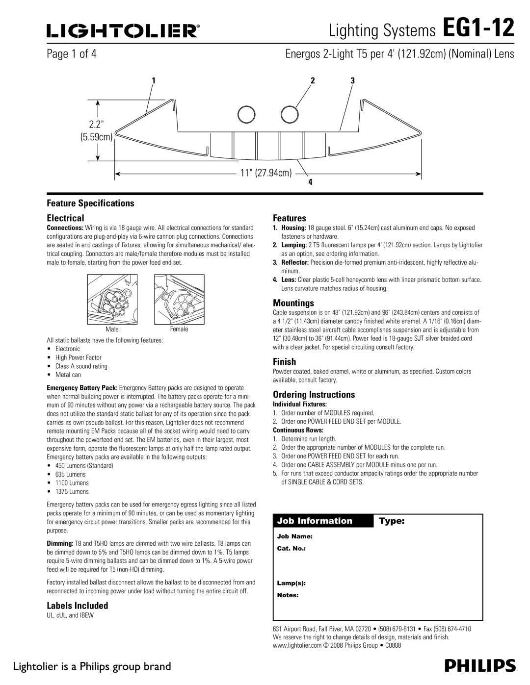 Lightolier EG1-12 specifications OFSHPT-JHIU5QFSh DN  /PNJOBM -FOT, Feature Specifications Electrical 