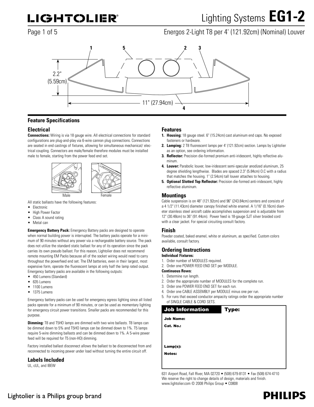 Lightolier EG1-2 specifications Feature Specifications Electrical, Labels Included, Features, Mountings, Finish 