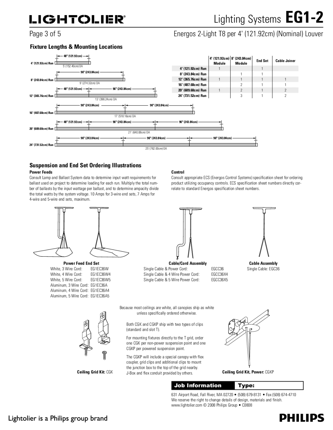 Lightolier EG1-2 Fixture Lengths & Mounting Locations, Suspension and End Set Ordering Illustrations, Power Feeds Control 