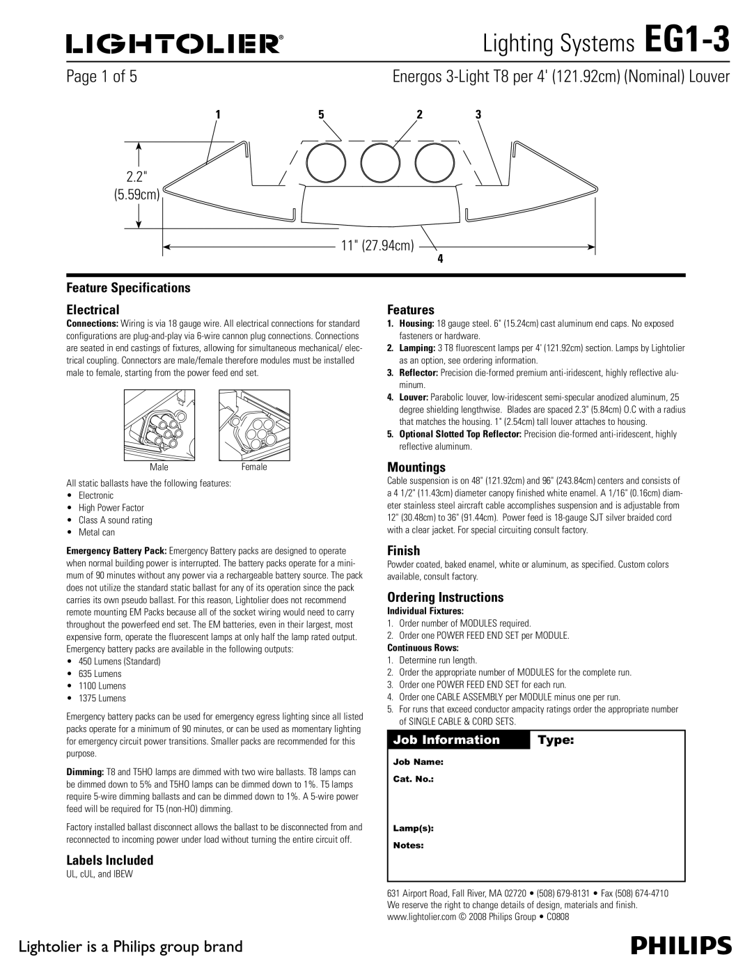 Lightolier EG1-3 specifications Feature Specifications Electrical, Labels Included, Features, Mountings, Finish 