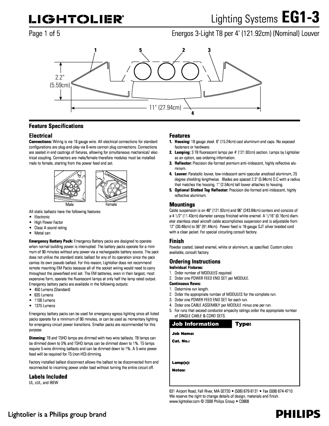 Lightolier specifications Lighting Systems EG1-3,  Dn  Dn, Job Information, Type 