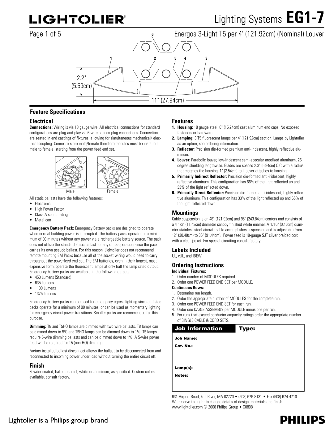 Lightolier EG1-7 specifications Feature Specifications Electrical, Finish, Features, Mountings, Labels Included 