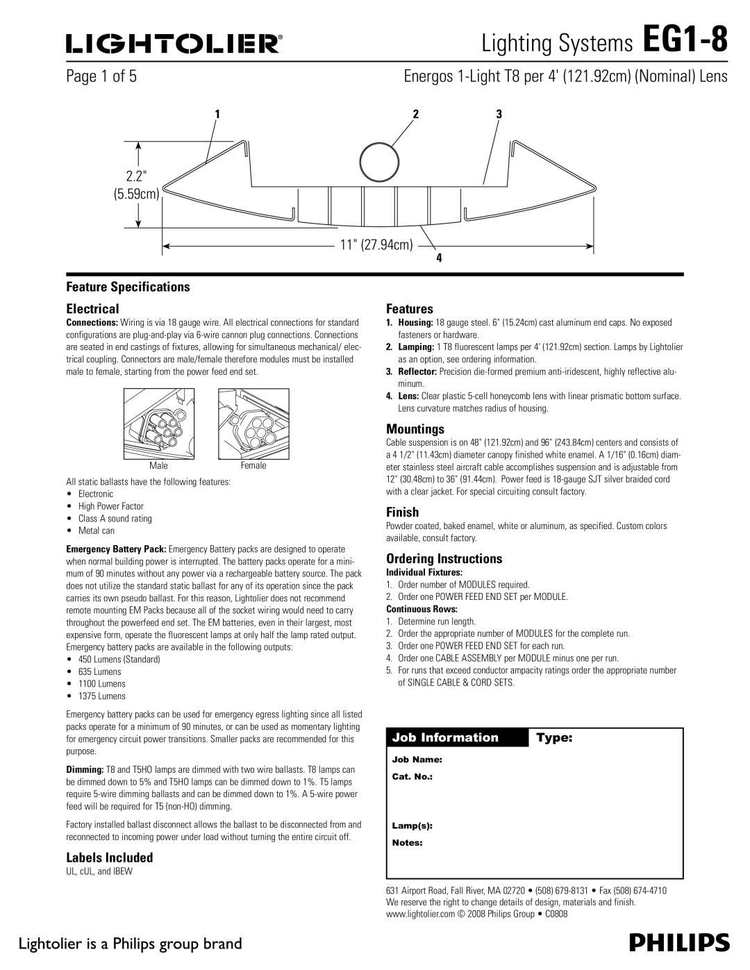 Lightolier EG1-8 specifications OFSHPT-JHIU5QFSh DN  /PNJOBM -FOT, Feature Specifications Electrical 