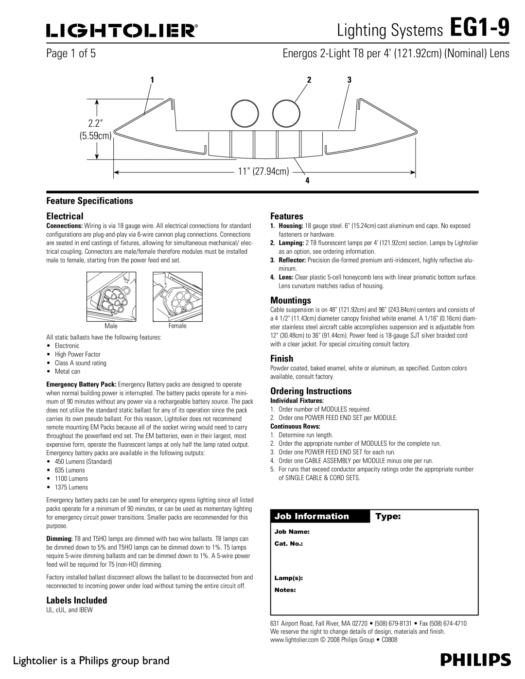 Lightolier EG1-9 specifications OFSHPT-JHIU5QFSh DN  /PNJOBM -FOT, Feature Specifications Electrical 