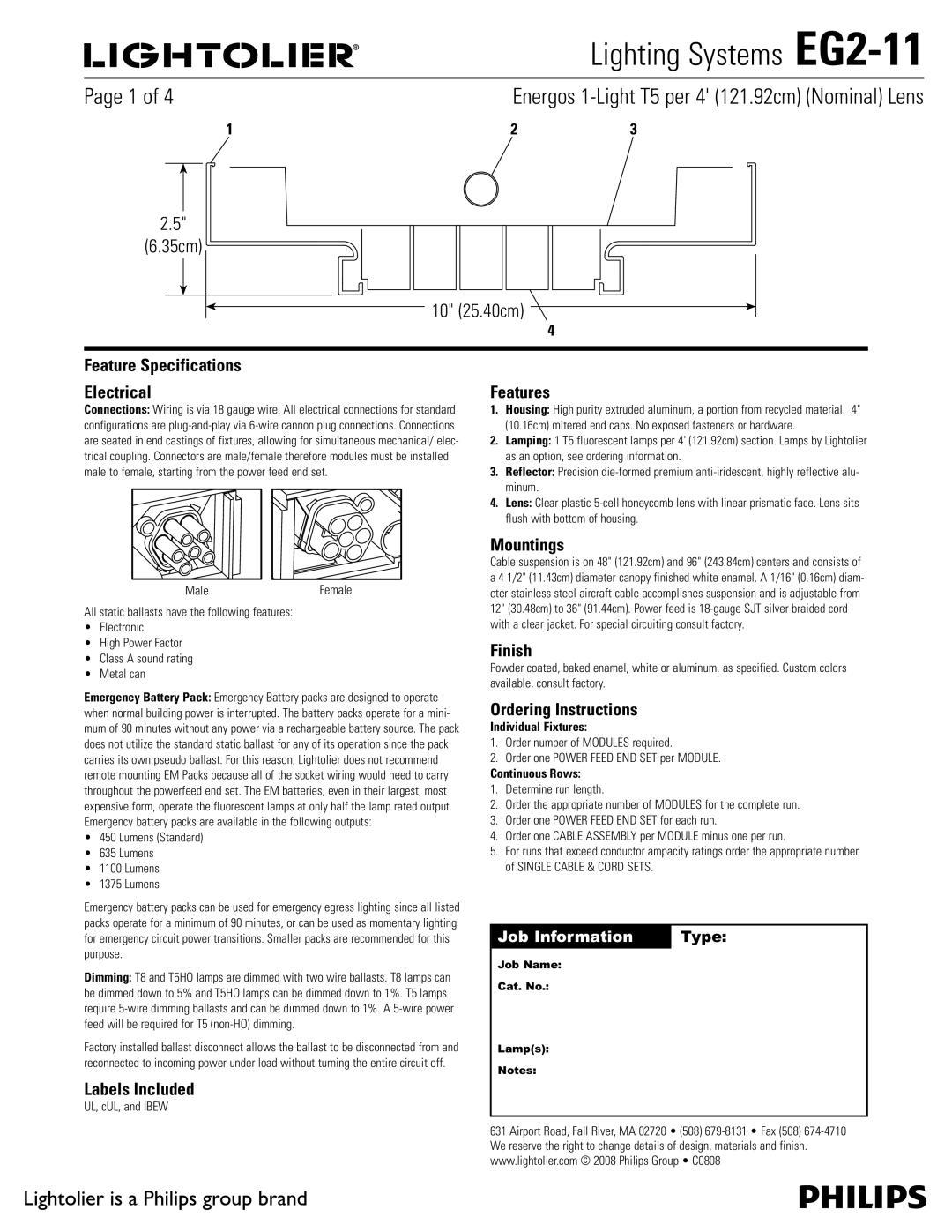 Lightolier EG2-11 specifications OFSHPT-JHIU5QFSh DN  /PNJOBM -FOT, Feature Specifications Electrical 