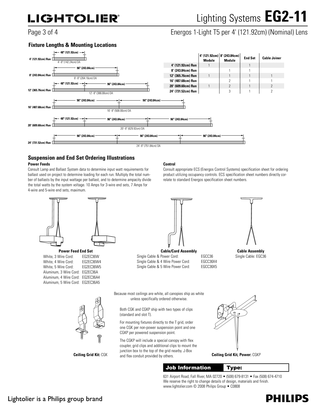 Lightolier EG2-11 specifications Fixture Lengths & Mounting Locations, Suspension and End Set Ordering Illustrations 