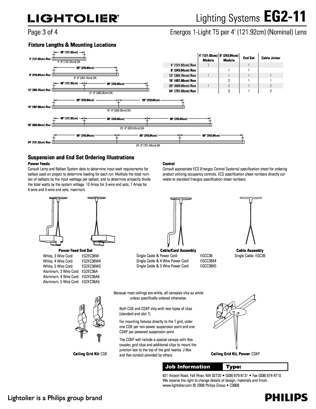 Lightolier Lighting Systems EG2-11, 1BHFPG, Job Information, Type, End Set, Cable Joiner, Cable/Cord Assembly 