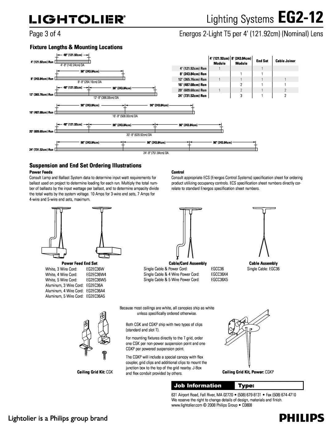 Lightolier Lighting Systems EG2-12, 1BHFPG, Job Information, Type, End Set, Cable Joiner, Cable/Cord Assembly 