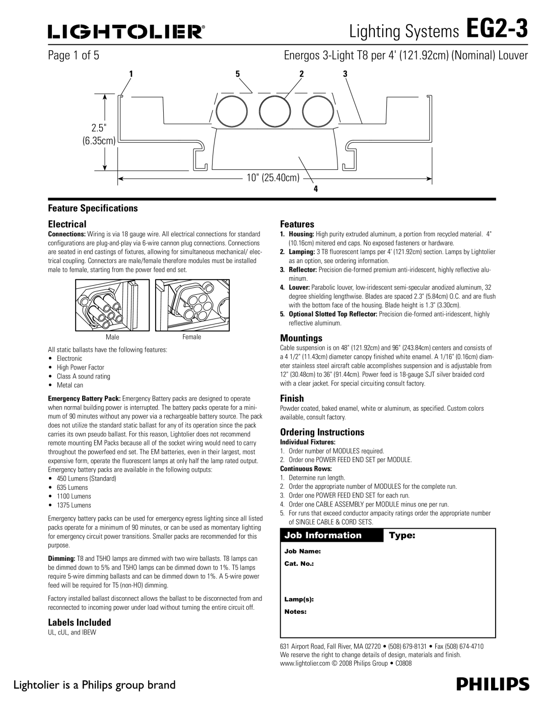 Lightolier EG2-3 specifications Feature Specifications Electrical, Labels Included, Features, Mountings, Finish 