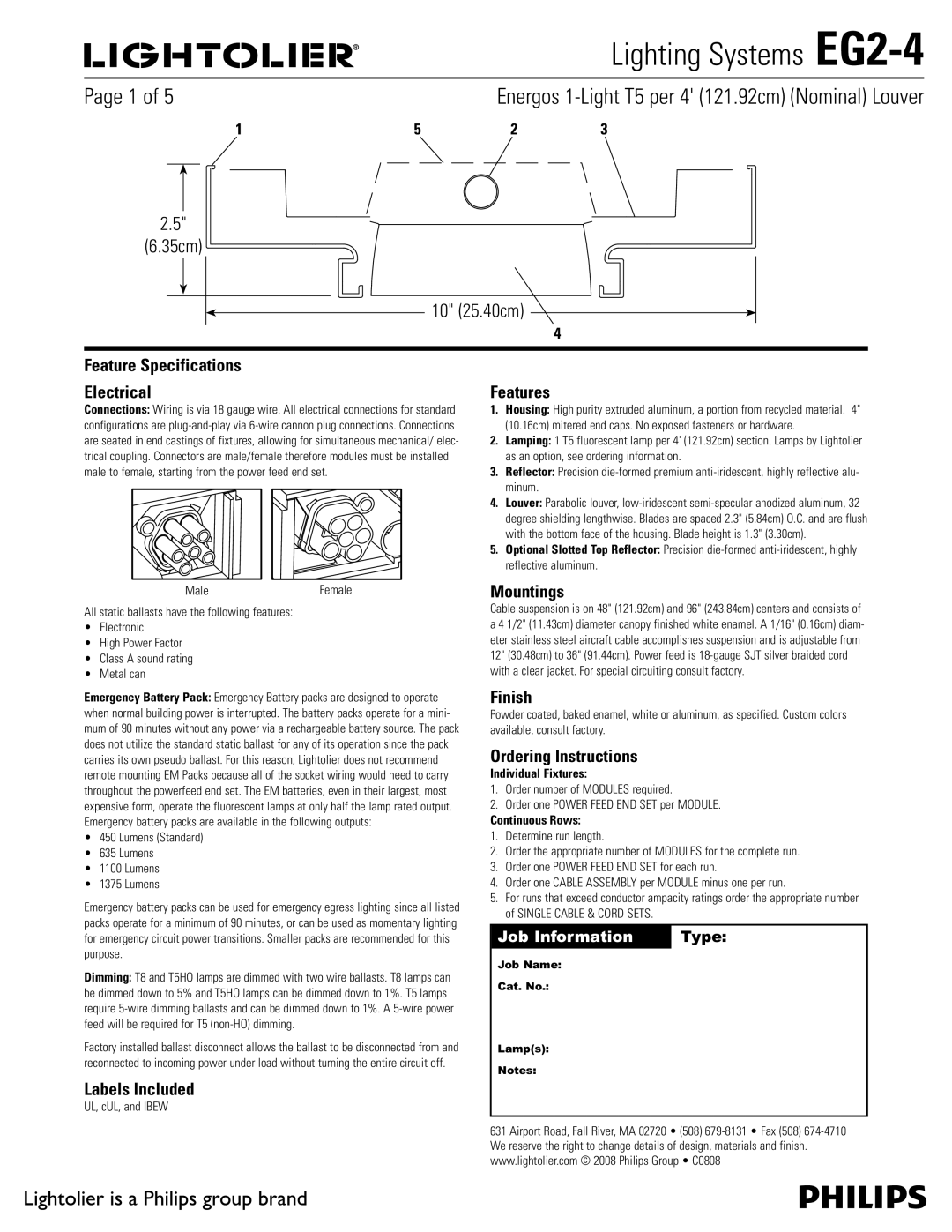 Lightolier EG2-4 specifications Feature Specifications Electrical, Labels Included, Features, Mountings, Finish 