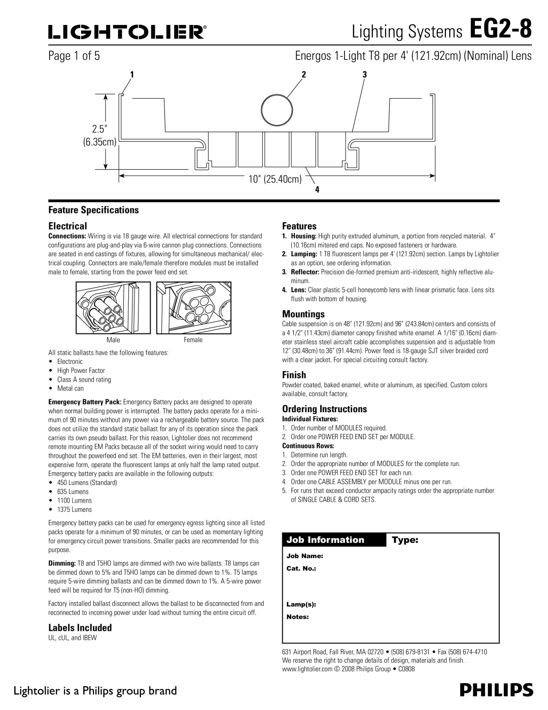 Lightolier EG2-8 specifications OFSHPT-JHIU5QFSh DN  /PNJOBM -FOT, Feature Specifications Electrical 