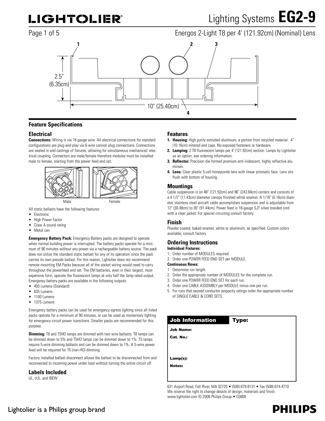 Lightolier EG2-9 specifications OFSHPT-JHIU5QFSh DN  /PNJOBM -FOT, Feature Specifications Electrical 