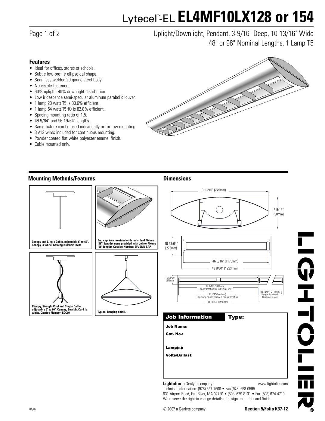 Lightolier EL4MF10LX154, EL4MF10LX128 dimensions Mounting Methods/Features 